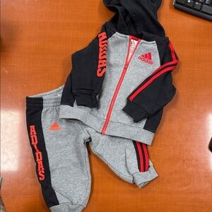 Adidas Kids Gray and Black Jogger Set with Red Accents